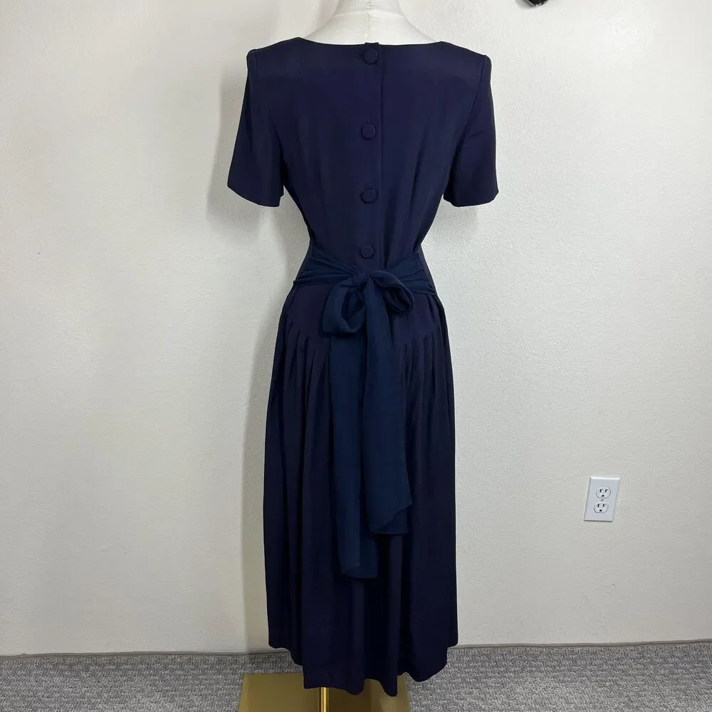 Vintage Donna Ricco Dress Womens 4 Blue Fit Flare Midi Bow 90s Party Wedding - Picture 2 of 9